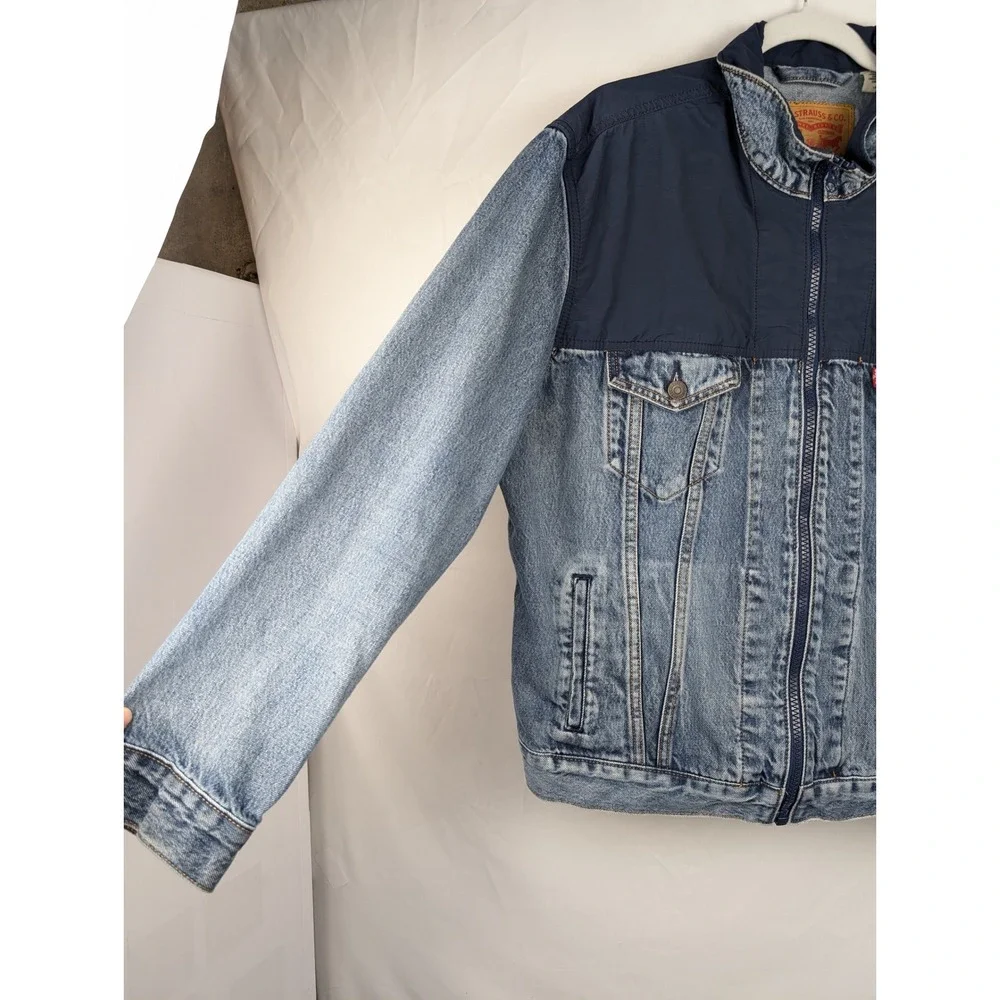 Levis Mens Full Zip Trucker Denim Jacket Blue Sz L Western Mixed Media Workwear - Picture 3 of 10